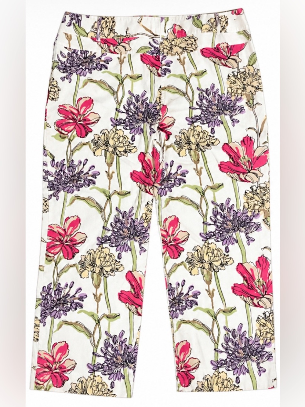 LOFT White Floral Capris with Pink and Purple Flowers